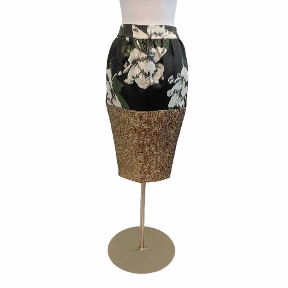 ASOS Green Floral Gold MIDI Skirt Sz 4 Curvy Romantic Dinner Church Work Career